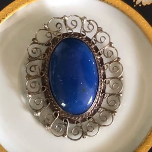 Large Vintage Blue Lapis Sterling Silver Brooch Pendant